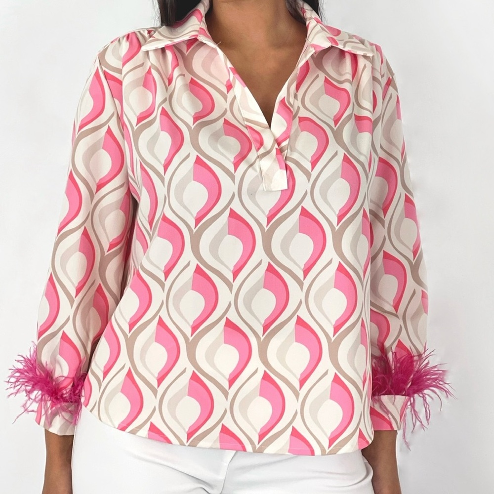 Unk Pink and Cream Patterned Blouse with Feather Accents